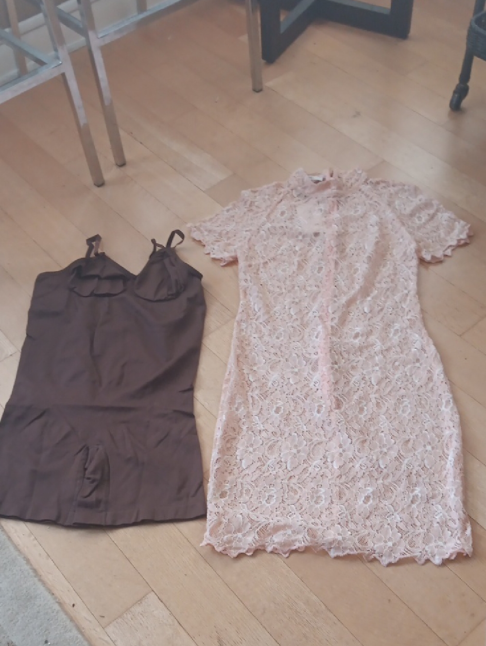 House of CB Sheer Salmon Pink Lace  Dress with Brown Boy Short Body Suit M